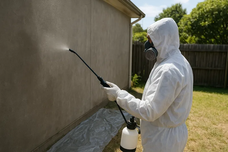 A person in white disposable coveralls, hood and half-face respirator misting a flat grey cladding wall with a hand-pump sprayer, clear plastic sheeting on the ground below — asbestos roof and sheet removal, Newcastle. Illustrative example.